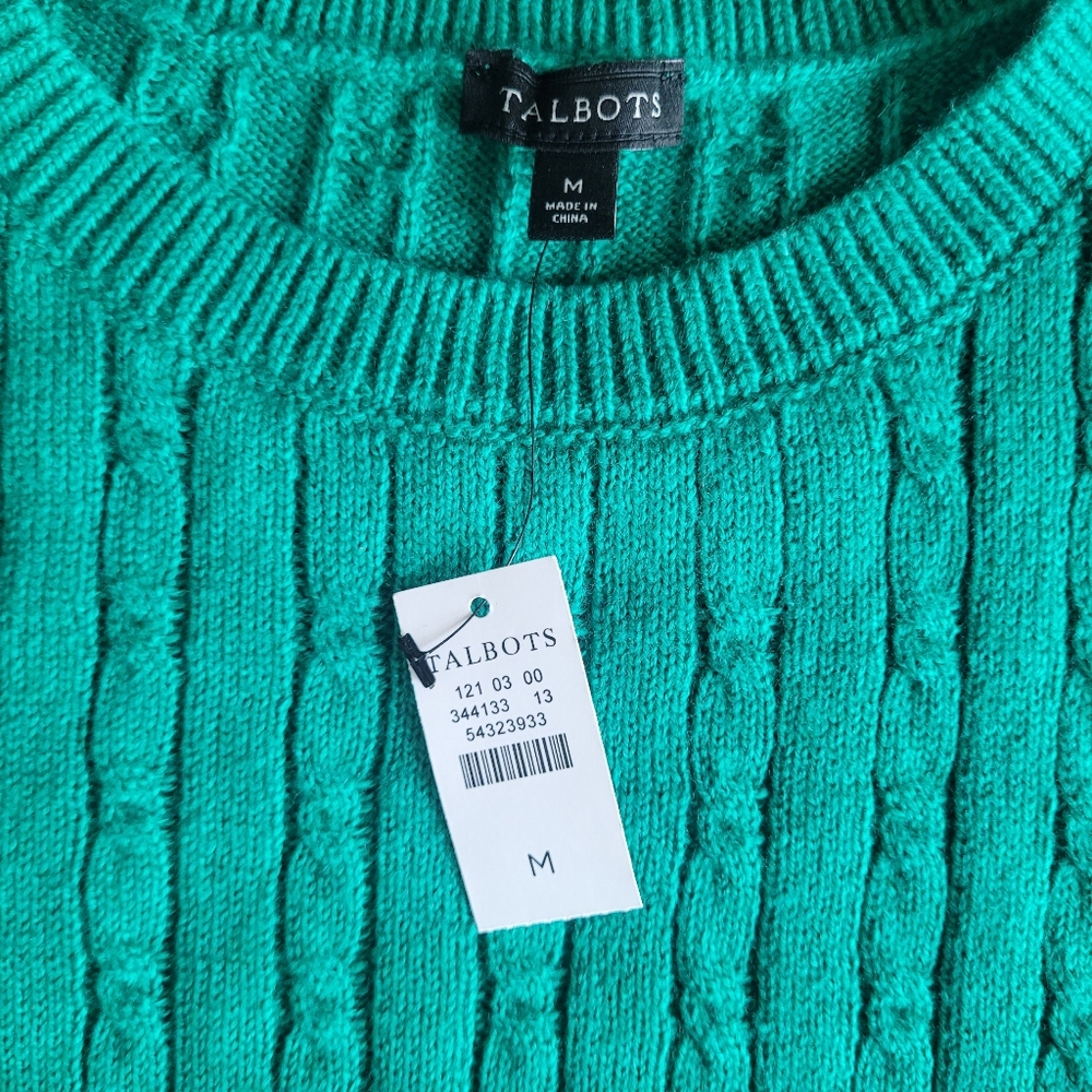 Talbots Green Crewneck Cable Button Detail Sweater New Size Medium - Picture 3 of 4
